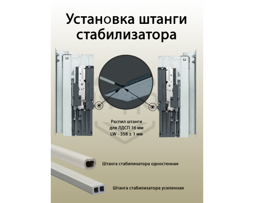 Комплект направляющих Soft+Push под штангу синхронизатор ALPHALUX для ЛДСП 16мм, длина 350мм (лев+прав)