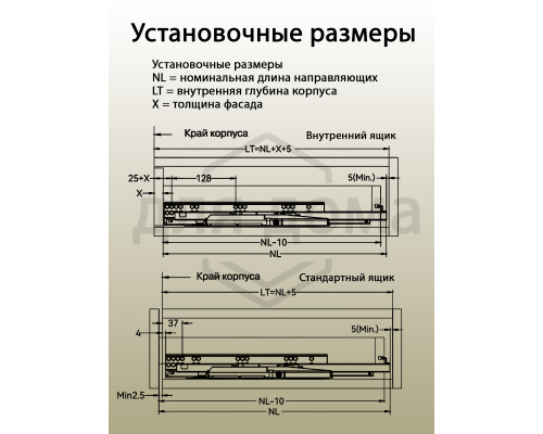 Комплект направляющих Soft+Push под штангу синхронизатор ALPHALUX для ЛДСП 16мм, длина 500мм (лев+прав)
