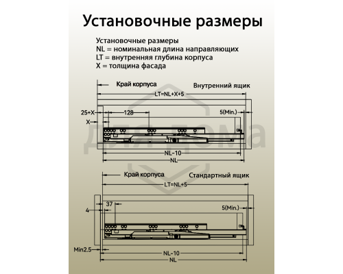 Комплект направляющих Soft+Push под штангу синхронизатор ALPHALUX для ЛДСП 16мм, длина 300мм (лев+прав)