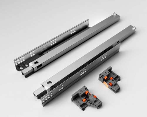 Комплект направляющих Push-to-Open скрытого монтажа DTC D-Motion, L=400мм, полного выдвижения, для ЛДСП 16 мм, с 3D регулировкой (2 направляющие + 2 фиксатора) 1 ком.