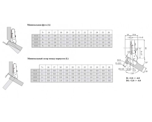 Петля для угловых дверей Firmax Click-on 2.0, без доводчика, угол открывания 30гр, 48мм