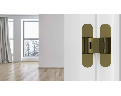 Петля скрытая ELEMENTIS, универсальная, 3D, 120x30 мм, 80 кг, цамак, бронза античная, с 4 пласт. колпачками