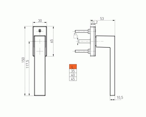 Ручка оконная Internika DUBLIN 40 мм, алюминиевая, 2 винта, антрацит матовый RAL7016M (45°) 1 шт.