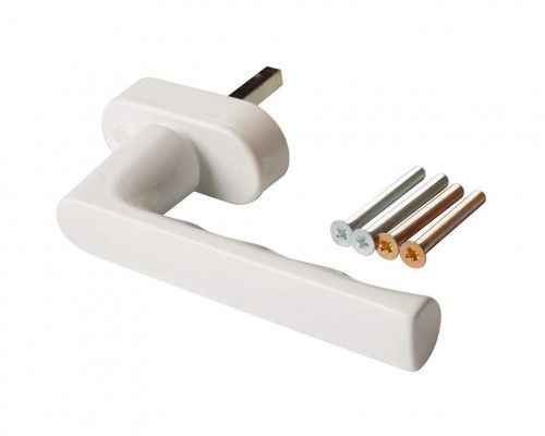 Ручка оконная алюминиевая  HOPPE Hamburg SecuForte с логотипом VEKA, штифт vario fit 32-42 мм, 45°, 2 винта М5х45,  2 винта М5х50, Белая