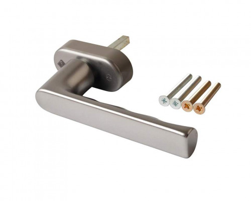 Ручка оконная алюминиевая  HOPPE Hamburg SecuForte с логотипом VEKA, штифт vario fit 32-42 мм, 45°, 2 винта М5х45,  2 винта М5х50, титан 1 шт.